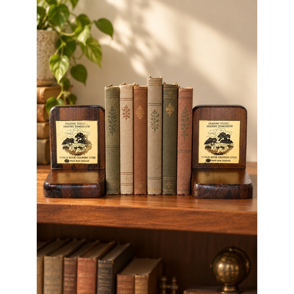 Vintage Cornwall Wood Bookends World Book Childcraft Shaping Tomorrow Set